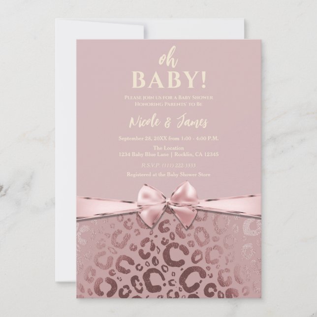 Rose Gold Pink Glam Leopard Print Baby Shower Invitation (Front)