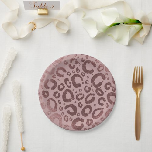 Rose Gold Pink Glam Leopard Print Party Paper Plates