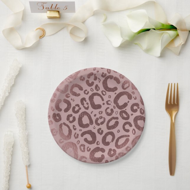 Rose Gold Pink Glam Leopard Print Party Paper Plates (Wedding)