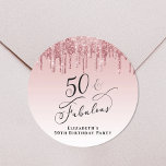Rose Gold Pink Glitter 50th Birthday Party Classic Round Sticker<br><div class="desc">Elegant and chic 50th birthday party sticker featuring "50 & Fabulous" written in a stylish calligraphy script on a pink ombre background,  with pink and rose gold faux glitter dripping from the top. Personalize with her name and date of the party.</div>