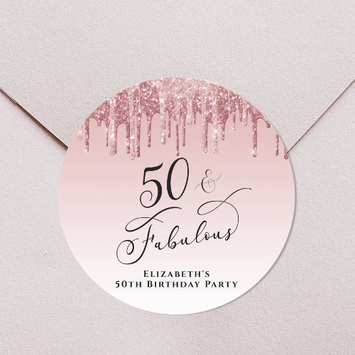 Rose Gold Pink Glitter 50th Birthday Party Classic Round Sticker