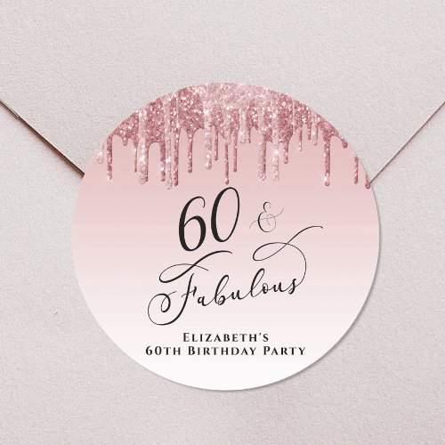 Rose Gold Pink Glitter 60th Birthday Party Classic Round Sticker
