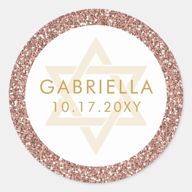 Rose Gold Pink Glitter and Gold Bat Mitzvah Classic Round Sticker (Front)