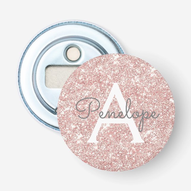 Rose Gold  Pink Glitter and Monogram Bottle Opener (Front)