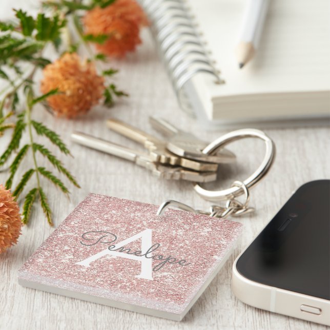 Rose Gold  Pink Glitter and Monogram Keychain (Front Right)