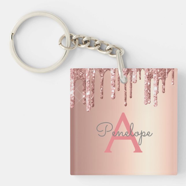 Rose Gold  Pink Glitter and Sparkle Monogram Keychain (Front)