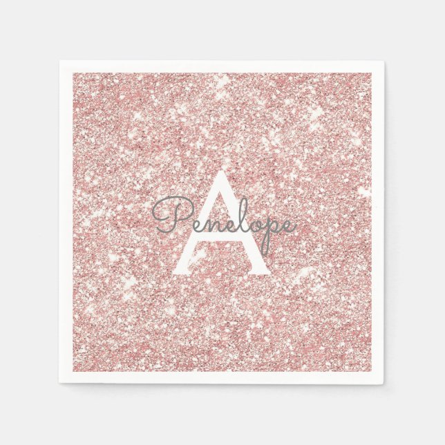 Rose Gold  Pink Glitter and Sparkle Monogram Napkins (Front)