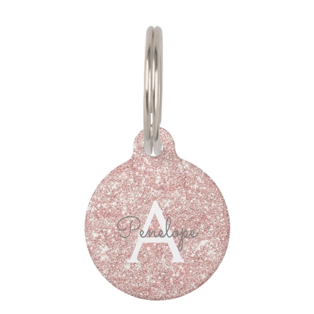 Rose Gold  Pink Glitter and Sparkle Monogram Pet ID Tag (Front)