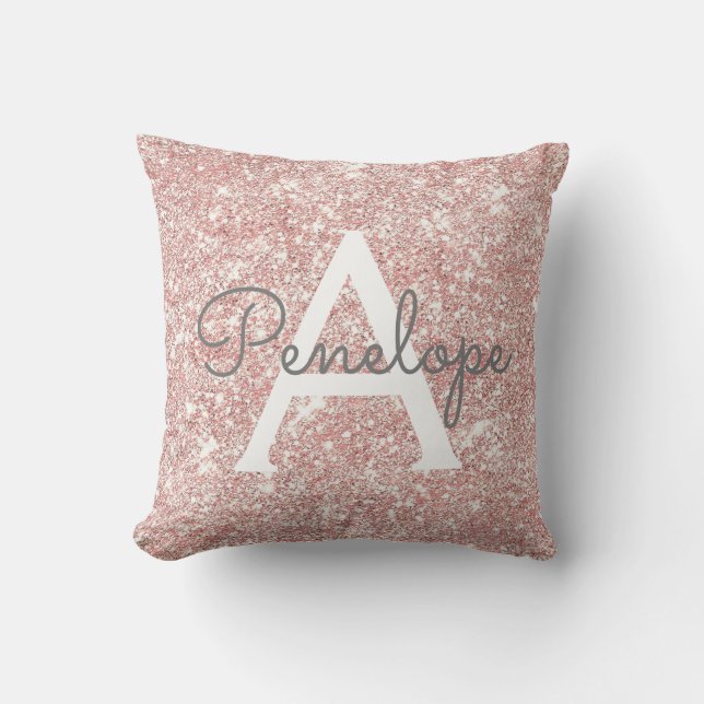 Rose Gold  Pink Glitter and Sparkle Monogram Throw Pillow (Front)