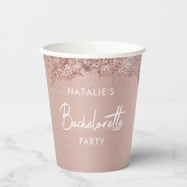 Rose Gold Pink Glitter Bachelorette Party Simple Paper Cups (Front)