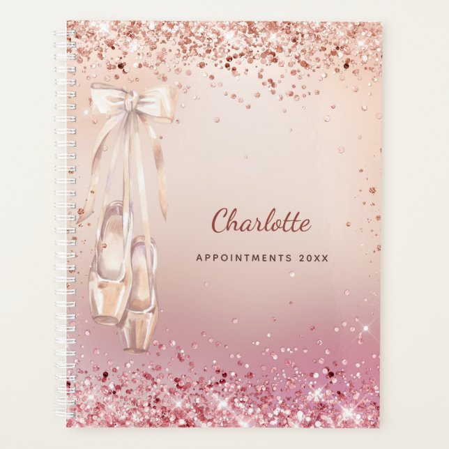 Rose gold pink glitter ballet dance monogram 2025 planner (Front)