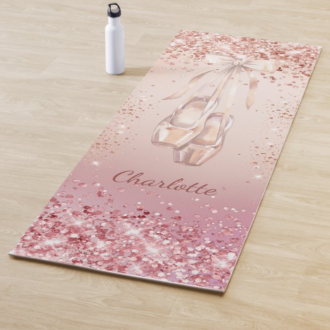 Rose gold pink glitter ballet dance monogram name yoga mat (In Situ)