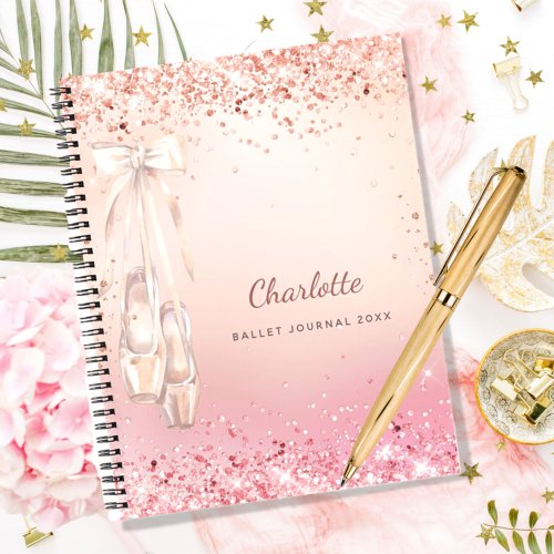 Rose gold pink glitter ballet dance monogram notebook