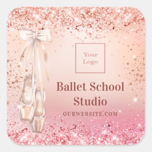 Rose gold pink glitter ballet dance school logo square sticker