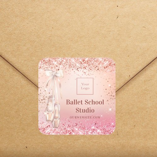 Rose gold pink glitter ballet dance school logo square sticker