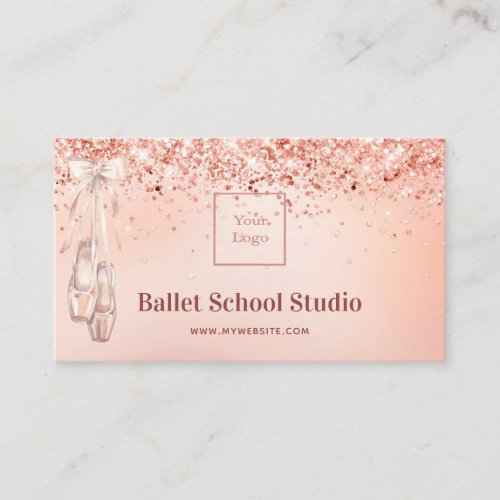 Rose gold pink glitter ballet studio school logo business card