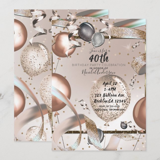 Rose Gold Pink Glitter Balloons 40th Birthday Invitation (Front/Back)