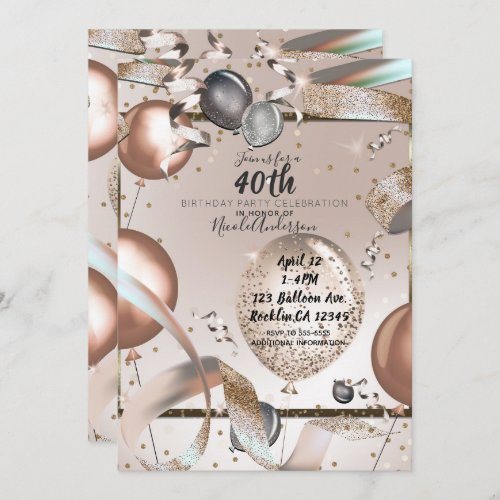 Rose Gold Pink Glitter Balloons 40th Birthday Invitation