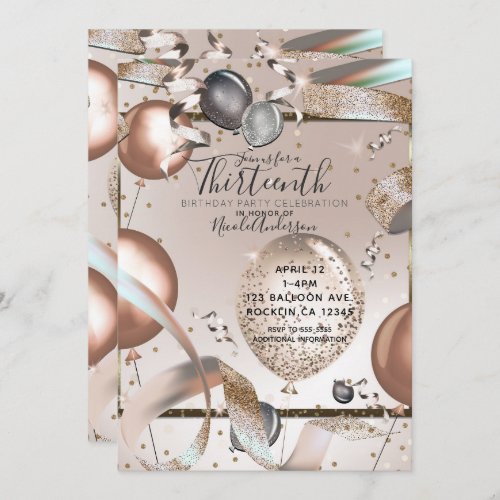 Rose Gold Pink Glitter Balloons Birthday Party Invitation