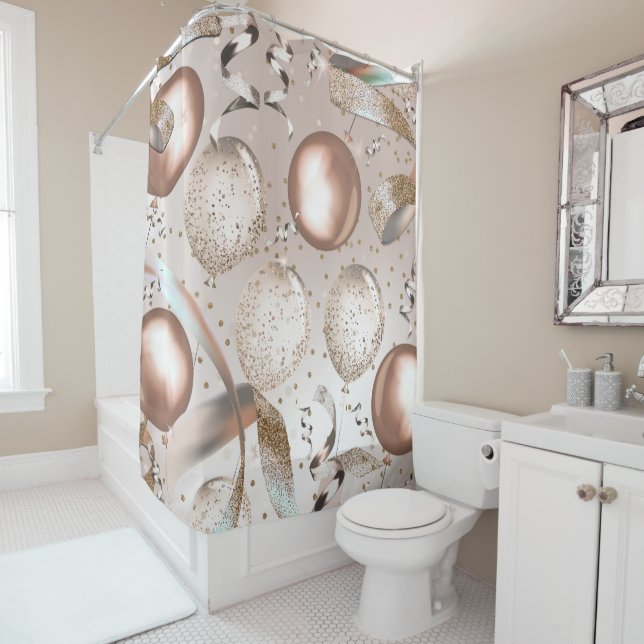 Rose Gold Pink & Glitter Balloons Shower Curtain (In Situ)