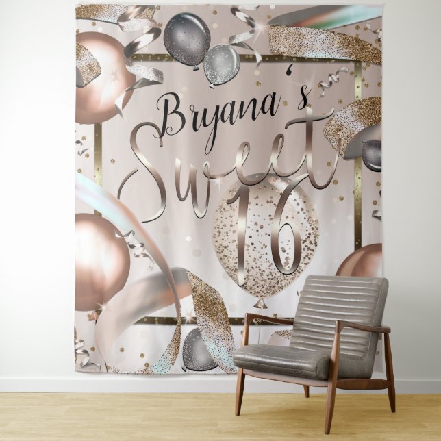 Rose Gold Pink Glitter Balloons Sweet 16 Backdrop (In Situ)