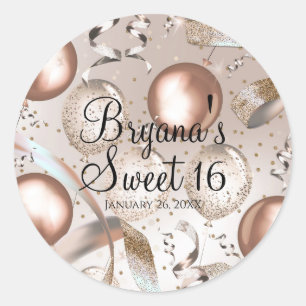 Rose Gold Pink & Glitter Balloons Sweet 16 Party Classic Round Sticker