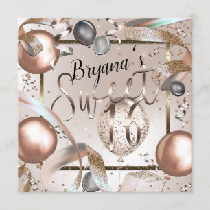 Rose Gold Pink & Glitter Balloons Sweet 16 Party Invitation