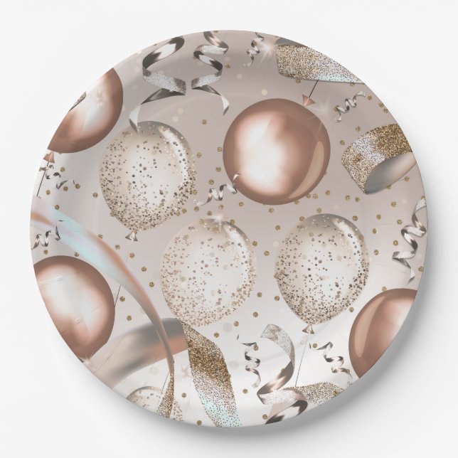 Rose Gold Pink & Glitter Balloons Sweet 16 Party Paper Plates (Front)