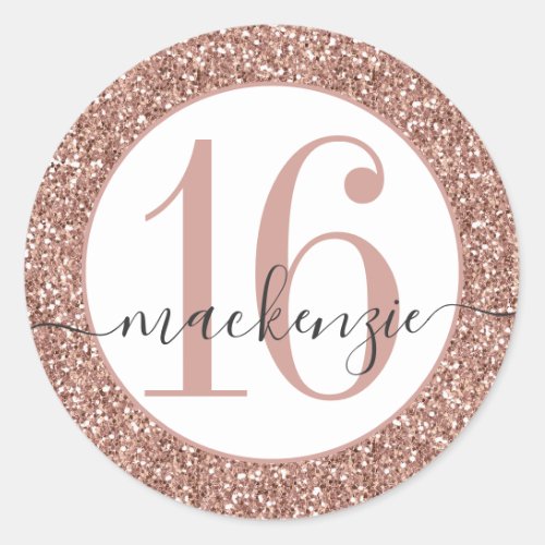 Rose Gold Pink Glitter Birthday Name Sticker Label