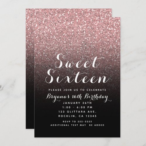 Rose Gold Pink Glitter  Black Sweet 16 Party Invitation