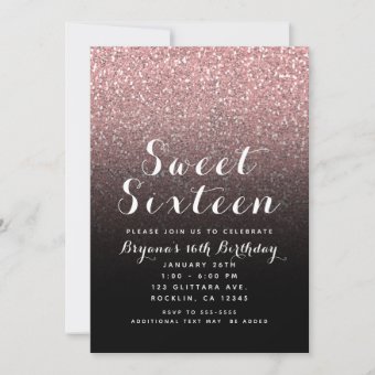 Rose Gold Pink Glitter & Black Sweet 16 Party Invitation | Zazzle