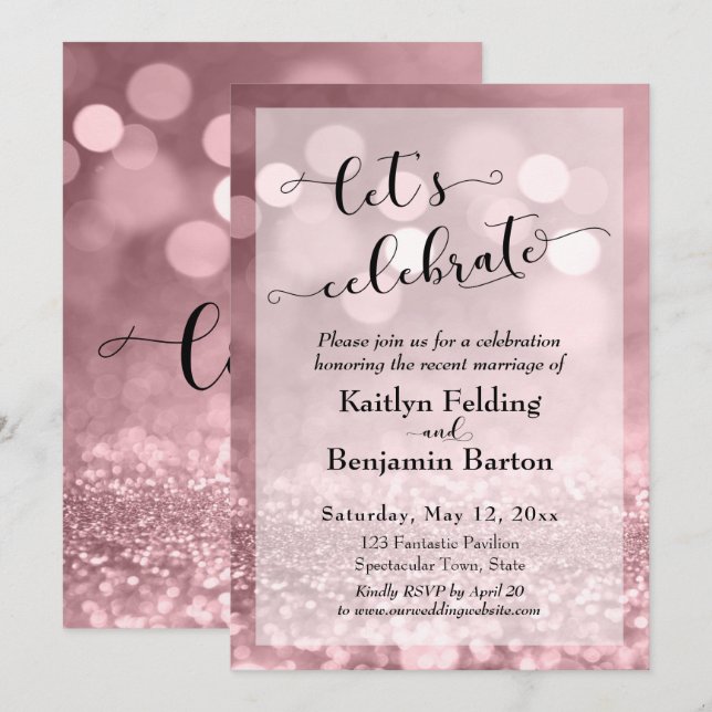 Rose Gold Pink Glitter Bokeh Let's Celebrate Invitation (Front/Back)