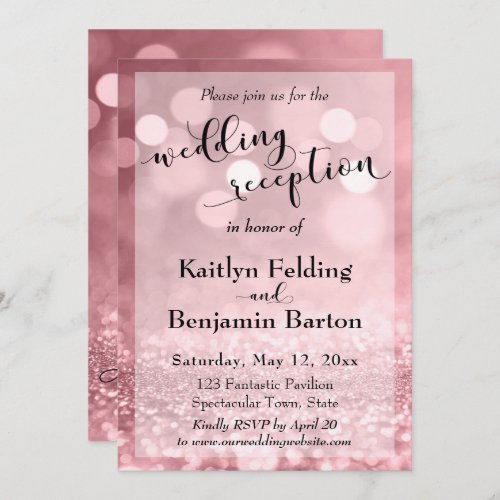 Rose Gold Pink Glitter Bokeh Wedding Reception Invitation