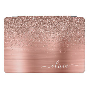 Rose Gold Pink Glitter Brushed Metal Monogram iPad Pro Cover