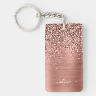 Rose Gold Pink Glitter Brushed Metal Monogram Keychain