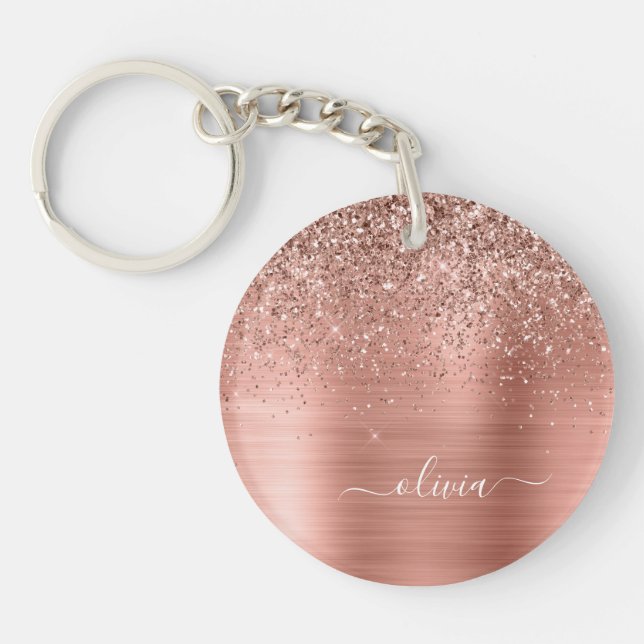 Rose Gold Pink Glitter Brushed Metal Monogram Keychain (Front)