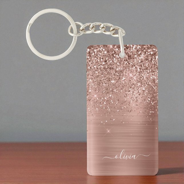 Rose Gold Pink Glitter Brushed Metal Monogram Keychain (Creator Uploaded)