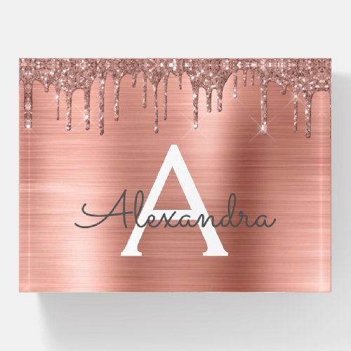 Rose Gold Pink Glitter Brushed Metal Monogram Name Paperweight