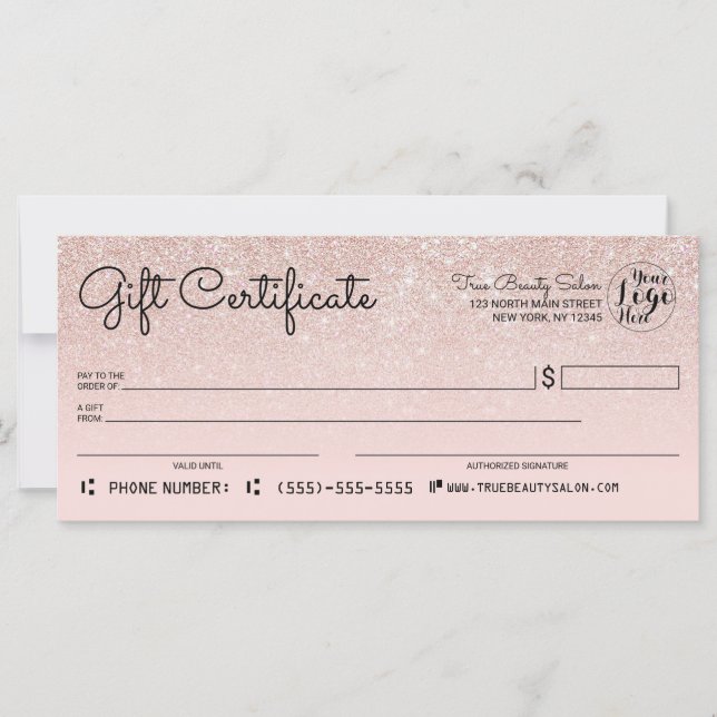 Rose Gold Pink Glitter Check Gift Certificate (Front)