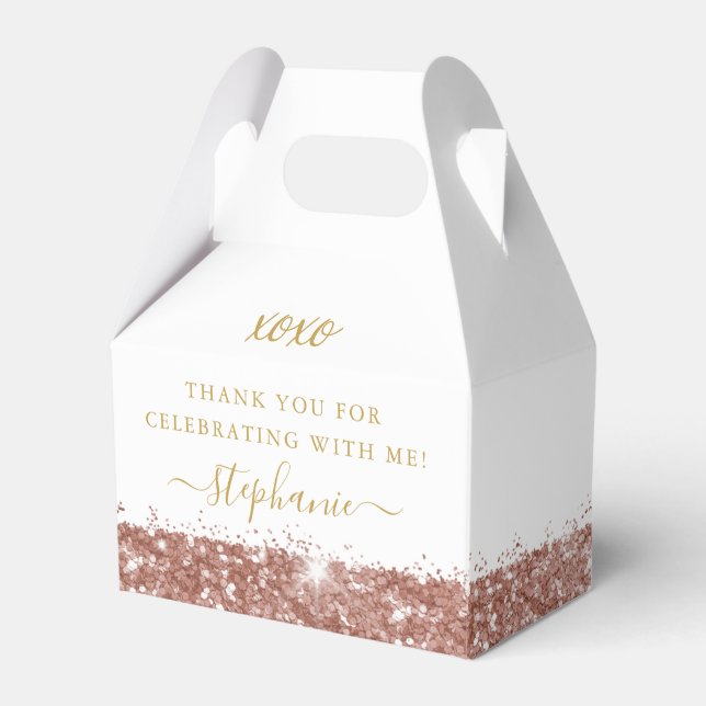 Rose Gold Pink Glitter Confetti Birthday Mitzvah Favor Boxes (Front Side)