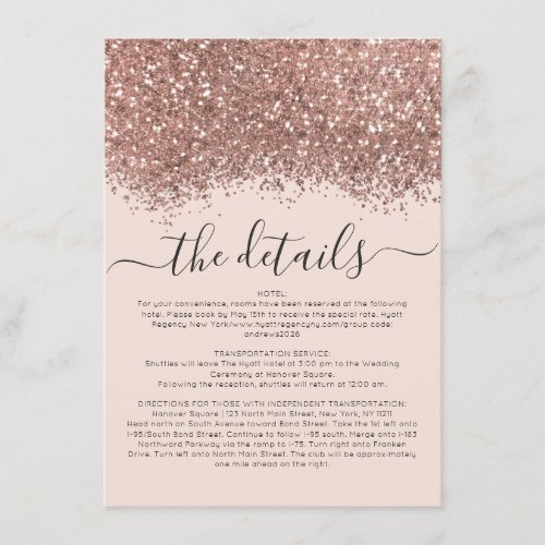 Rose Gold Pink Glitter Confetti Wedding Details Enclosure Card