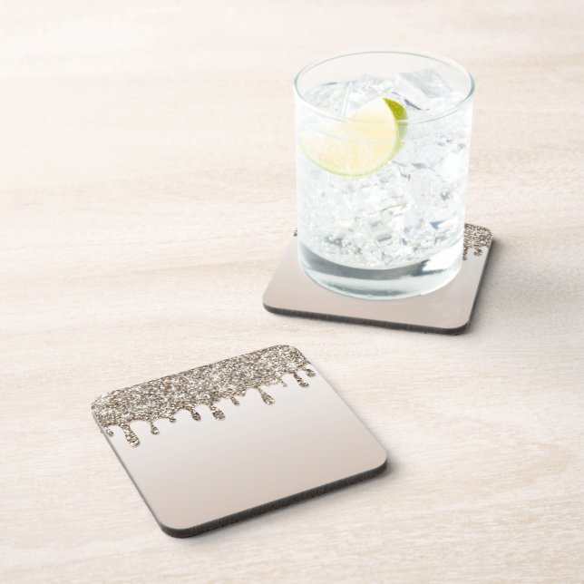 Rose Gold Pink Glitter Drip Dripping Ice Sparkle Beverage Coaster (Right Side)