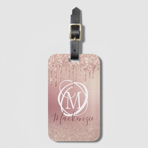 Rose Gold Pink Glitter Drip Elegant Monogram Luggage Tag