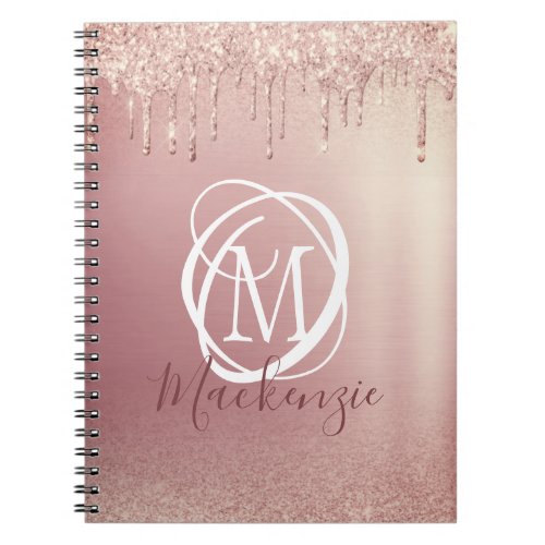Rose Gold Pink Glitter Drip Elegant Monogram Notebook