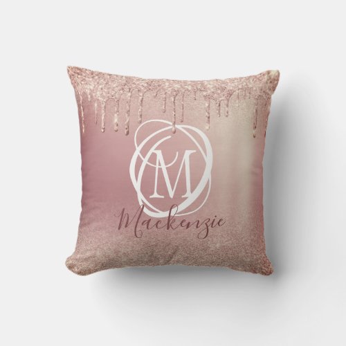 Rose Gold Pink Glitter Drip Elegant Monogram Throw Pillow
