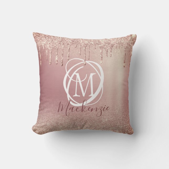 Rose Gold Pink Glitter Drip Elegant Monogram Throw Pillow (Front)