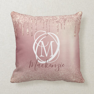 Rose Gold Pink Glitter Drip Elegant Monogram Throw Pillow