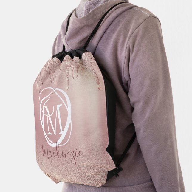 Rose Gold Pink Glitter Drip Elegant Monogram Tote Drawstring Bag (Insitu)
