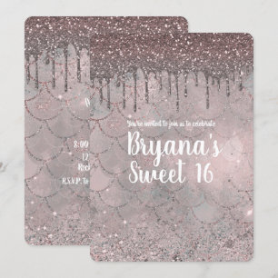 Rose Gold Pink Glitter Drip Mermaid Sweet 16 Party Invitation