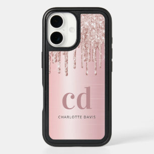 Rose gold pink glitter drip monogram initials iPhone 16 case